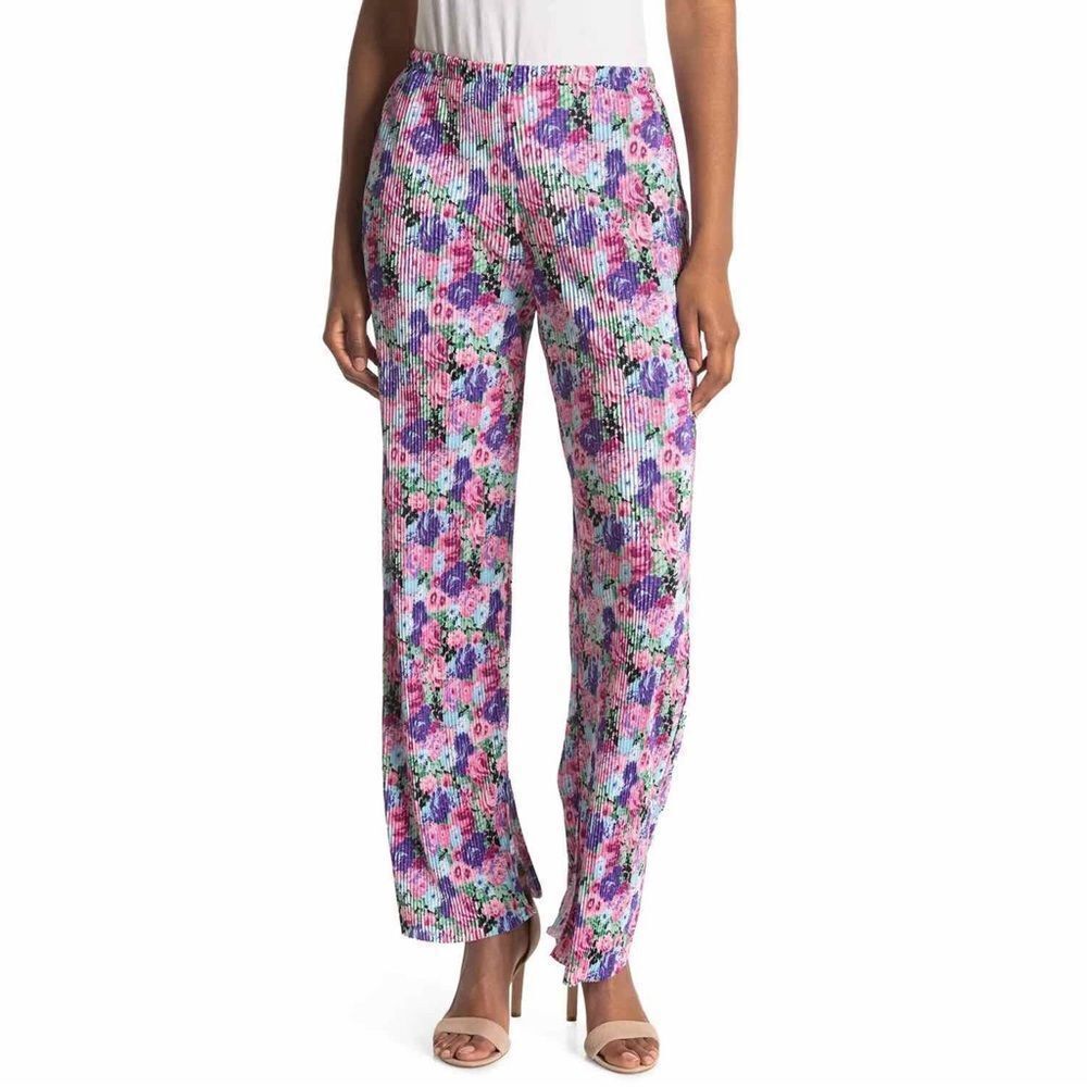 Wayf Floral Accordion Pleat Satin Pull On Straight Leg Pants Purple Pink Large
